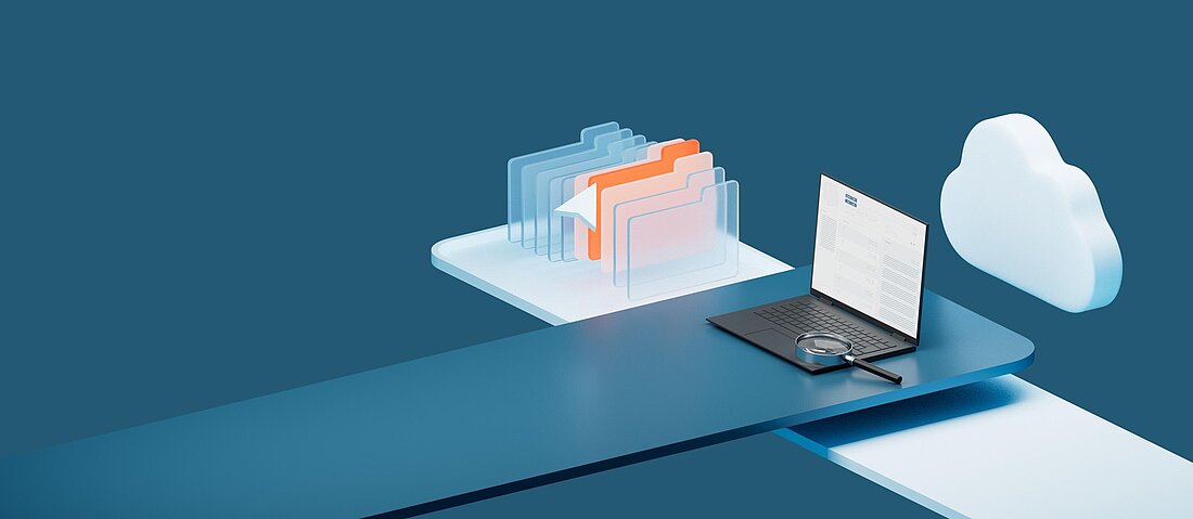 Illustration: Ein Laptop, eine Lupe, eine Wolke und mehrere Ordner-Symoble